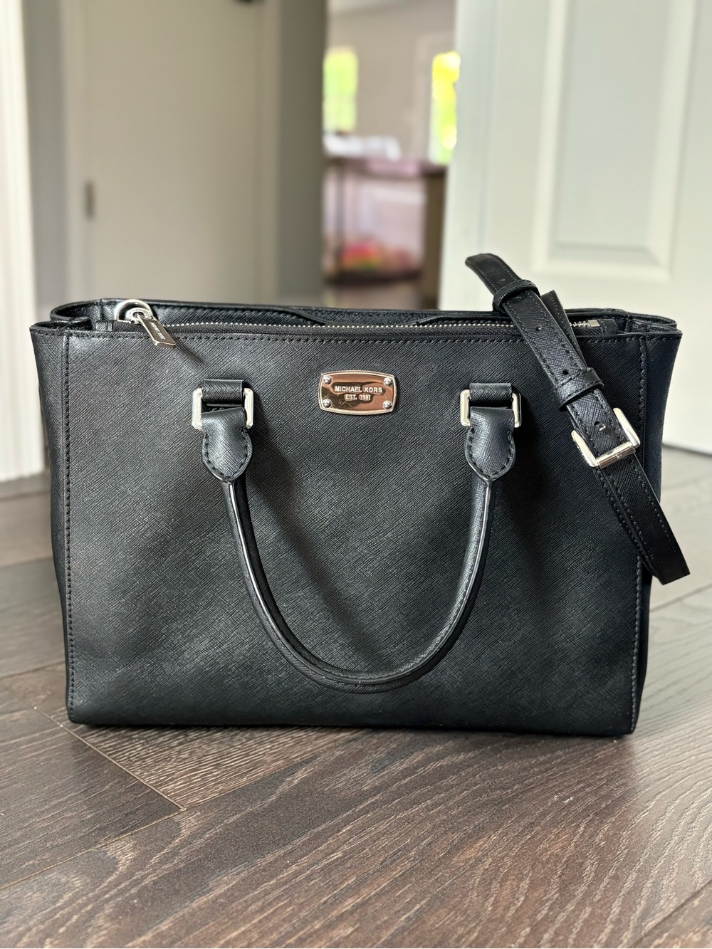 Michael Kors Black Saffiano Leather Satchel with Silver Hardware